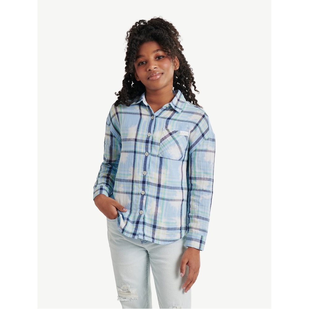 NWT Justice Girl's Long Sleeve Plaid Flannel Collared Top, Size: L (12/14)